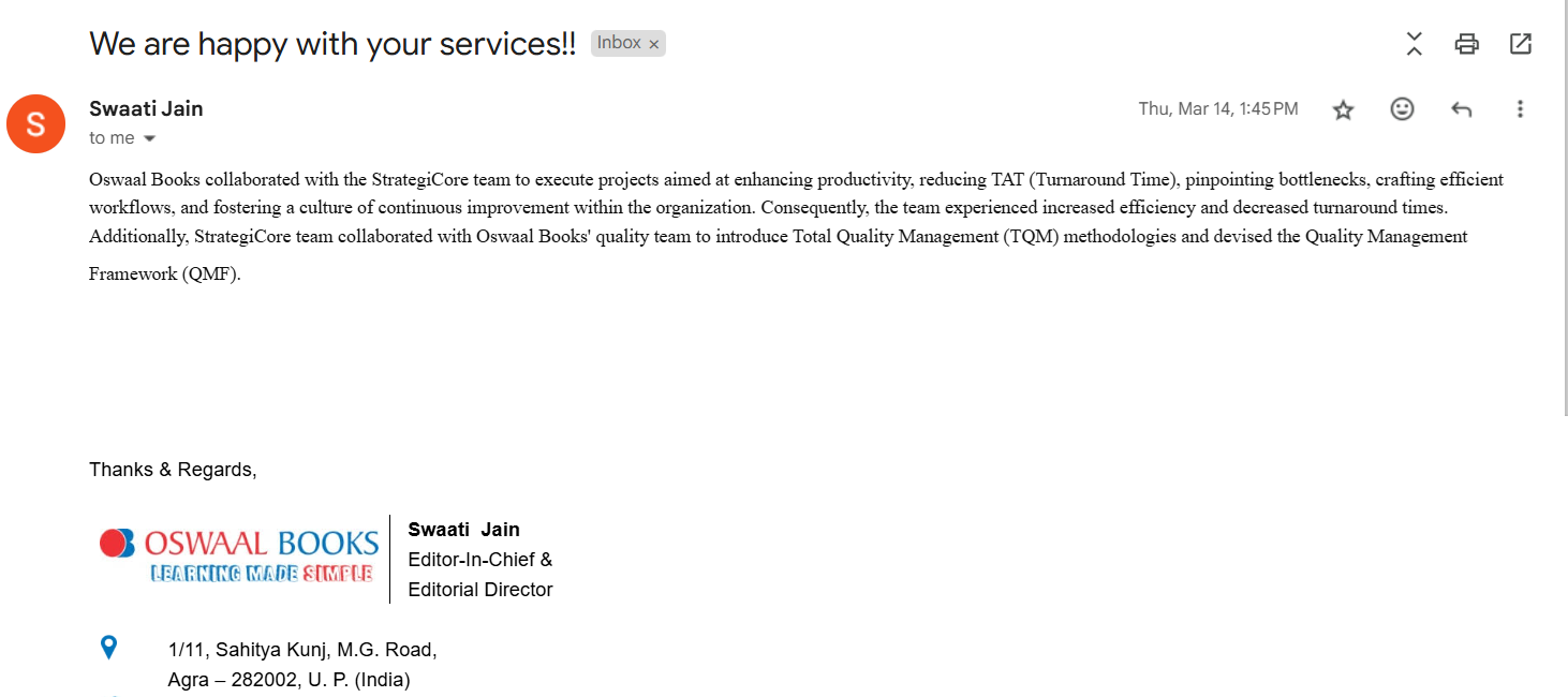 email testimonial from oswaal books
